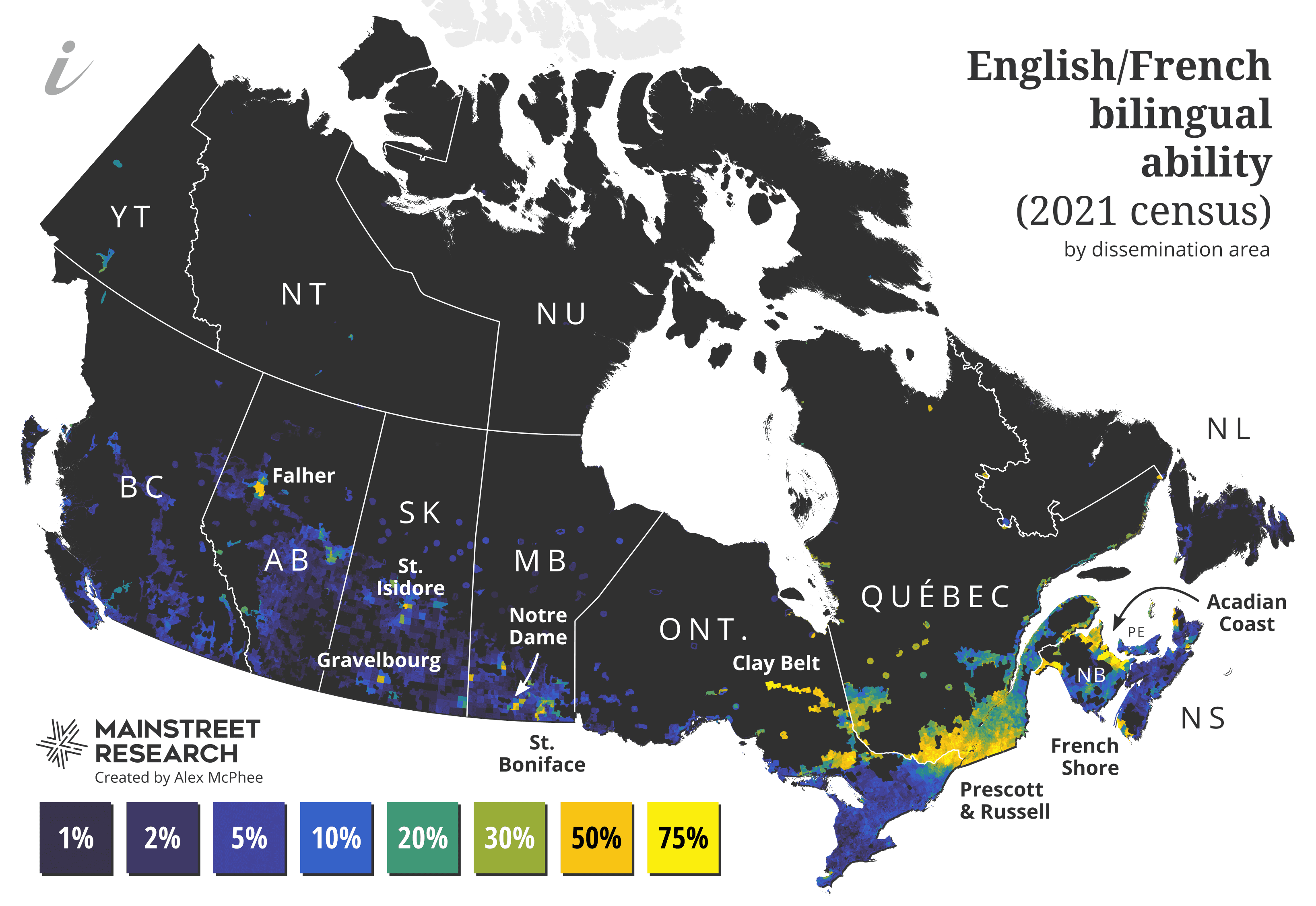 A map showing bilingualism rates across Canada.
