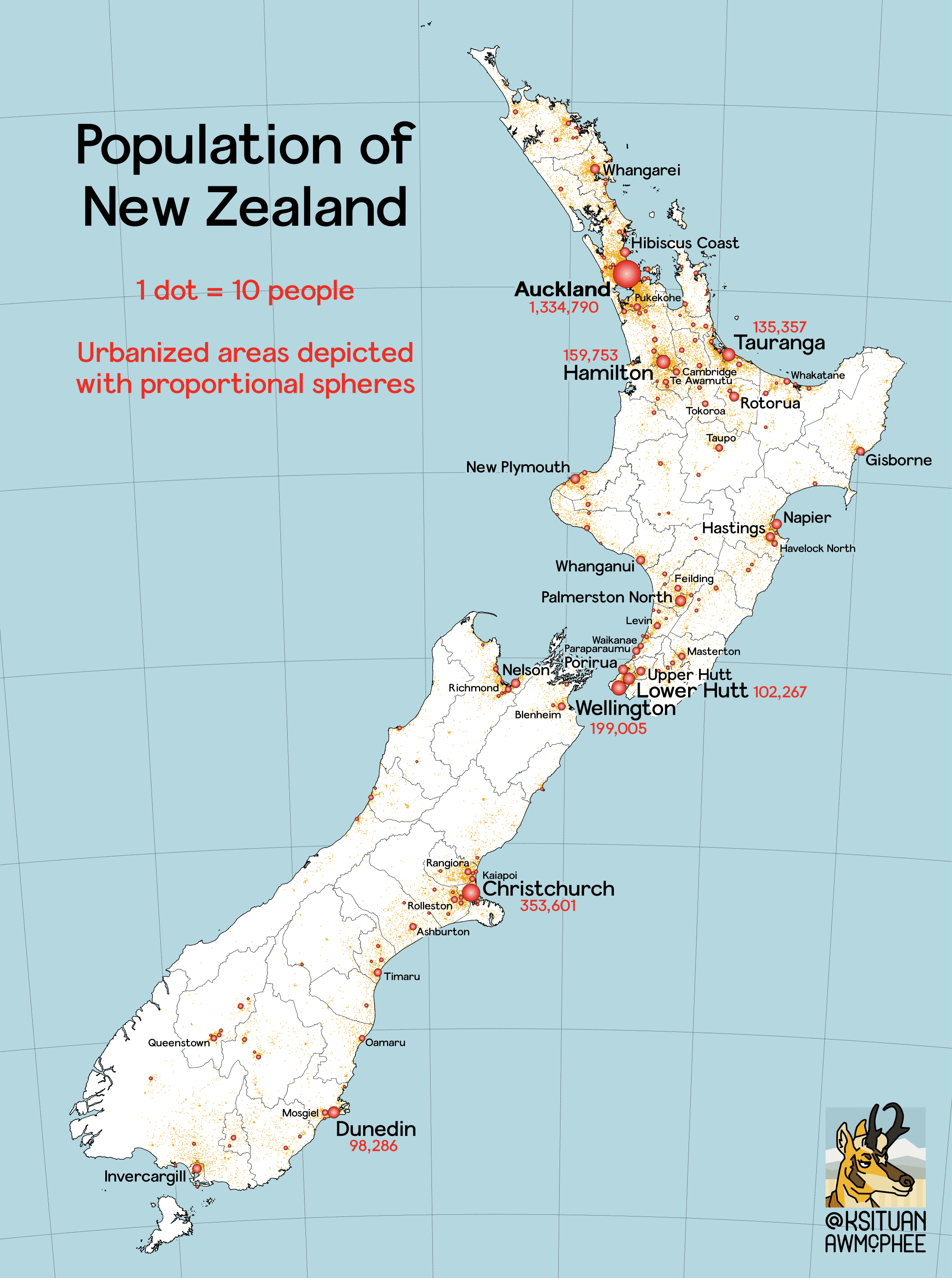 A map of populated places in New Zealand.
