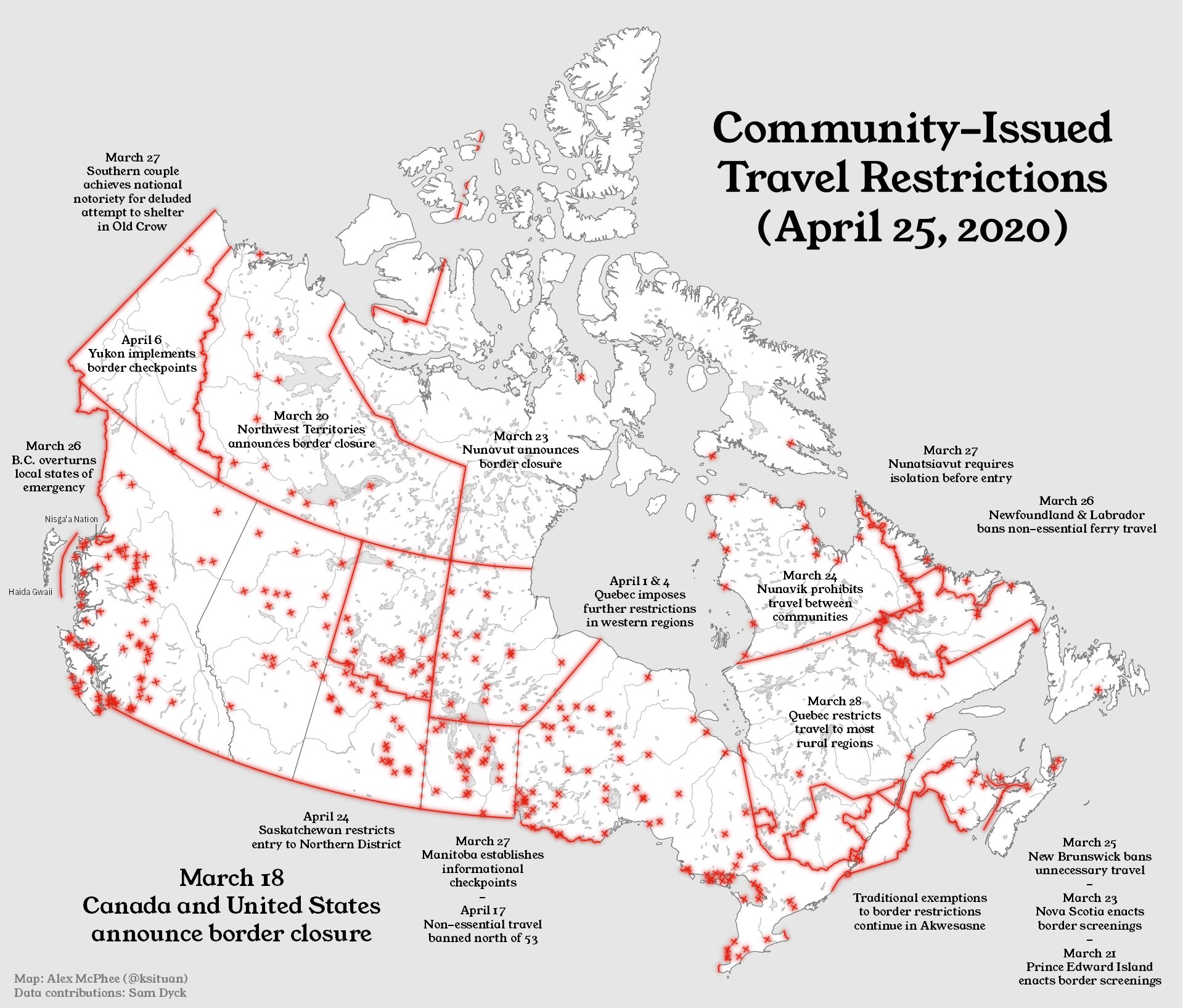 A map of covid restrictions in Canada.