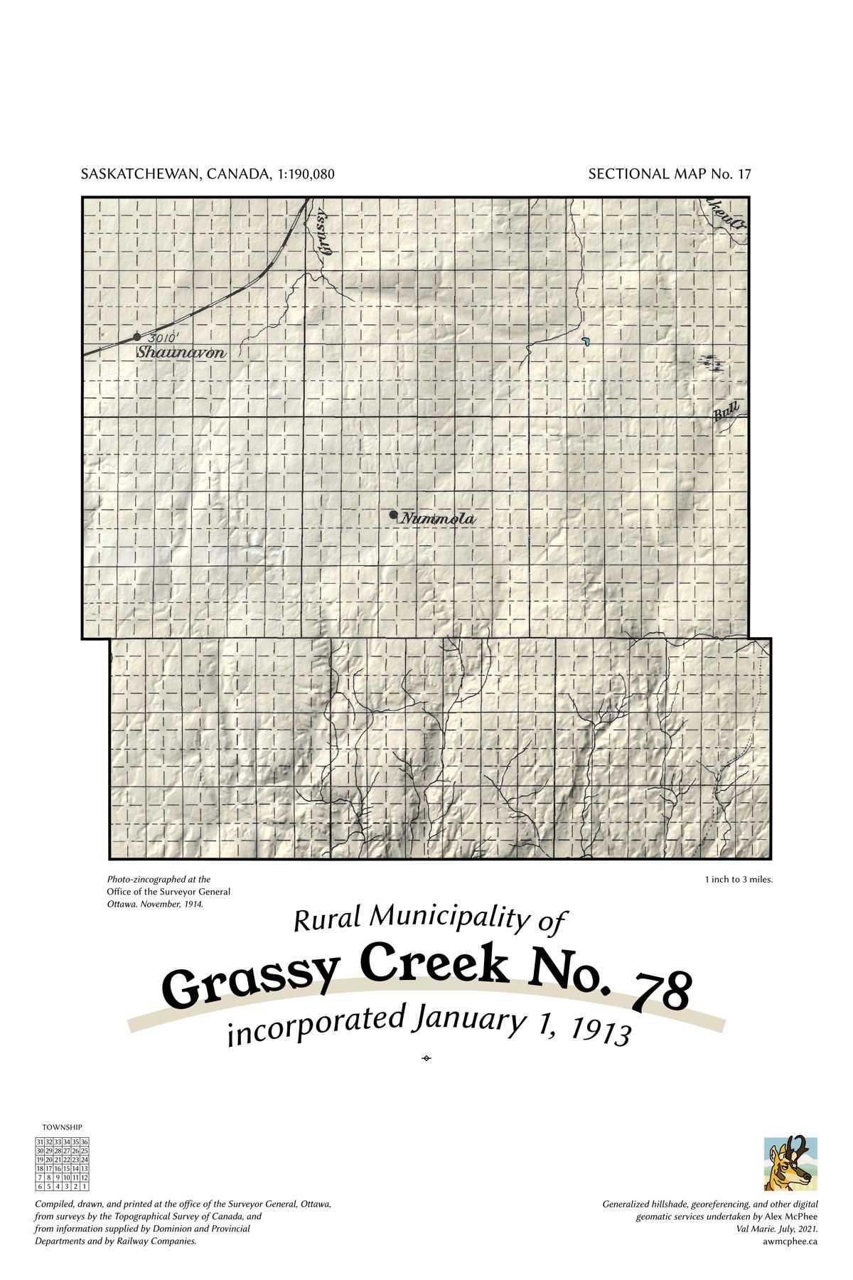 A map of the Rural Municipality of Grassy Creek No. 78.