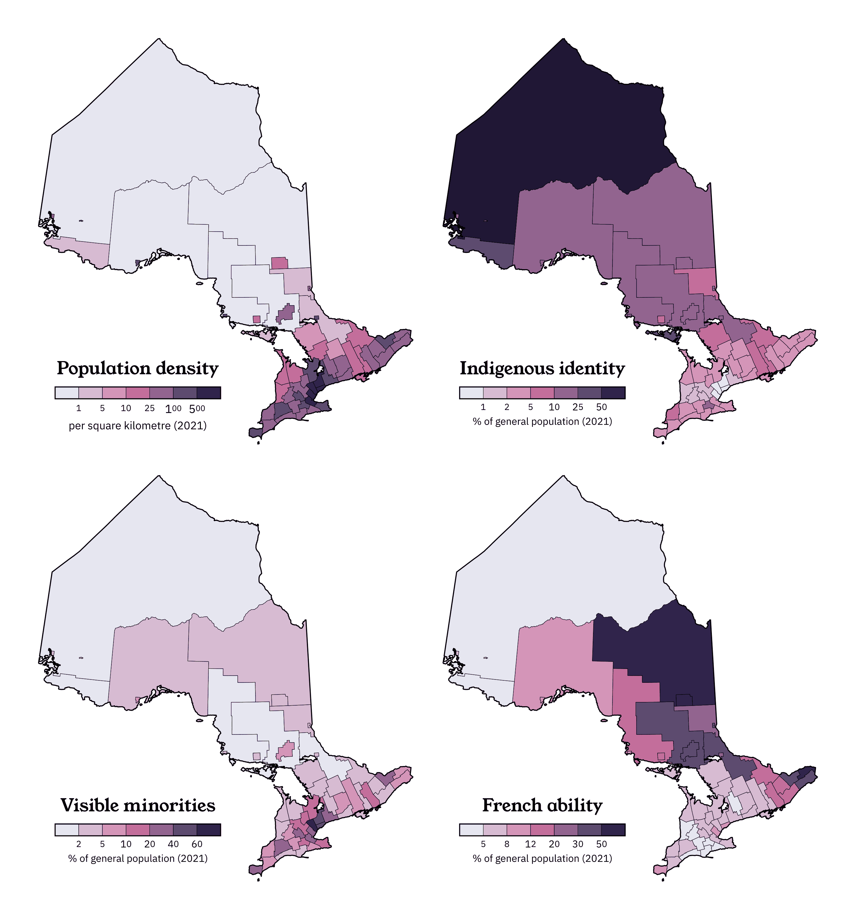 A map of four 2021 census variables in Ontario.