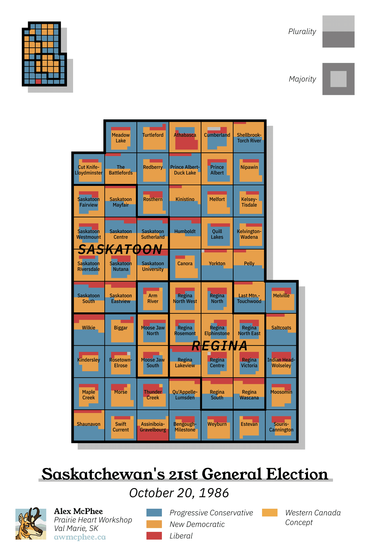 A grid cartogram depicting the results of Saskatchewan's 1986 provincial election.