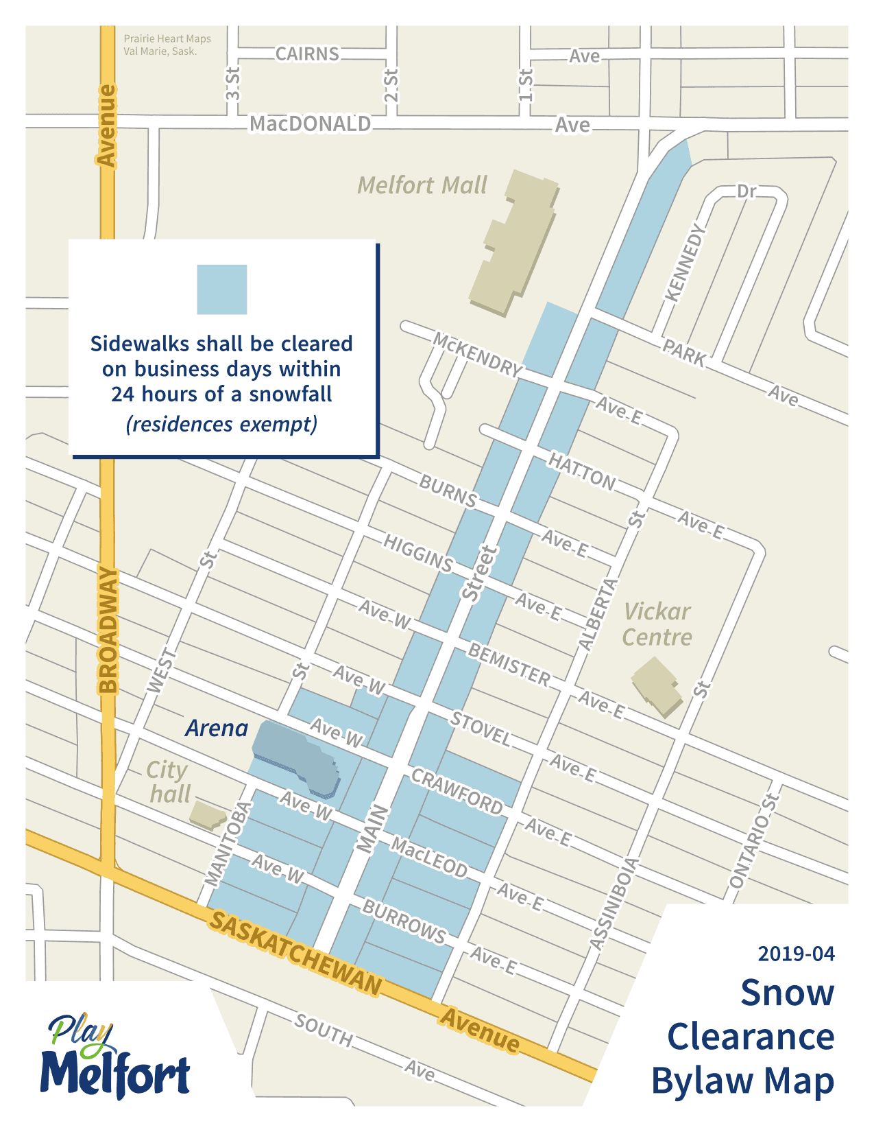 A map illustrating the City of Melfort's snow clearance bylaw.