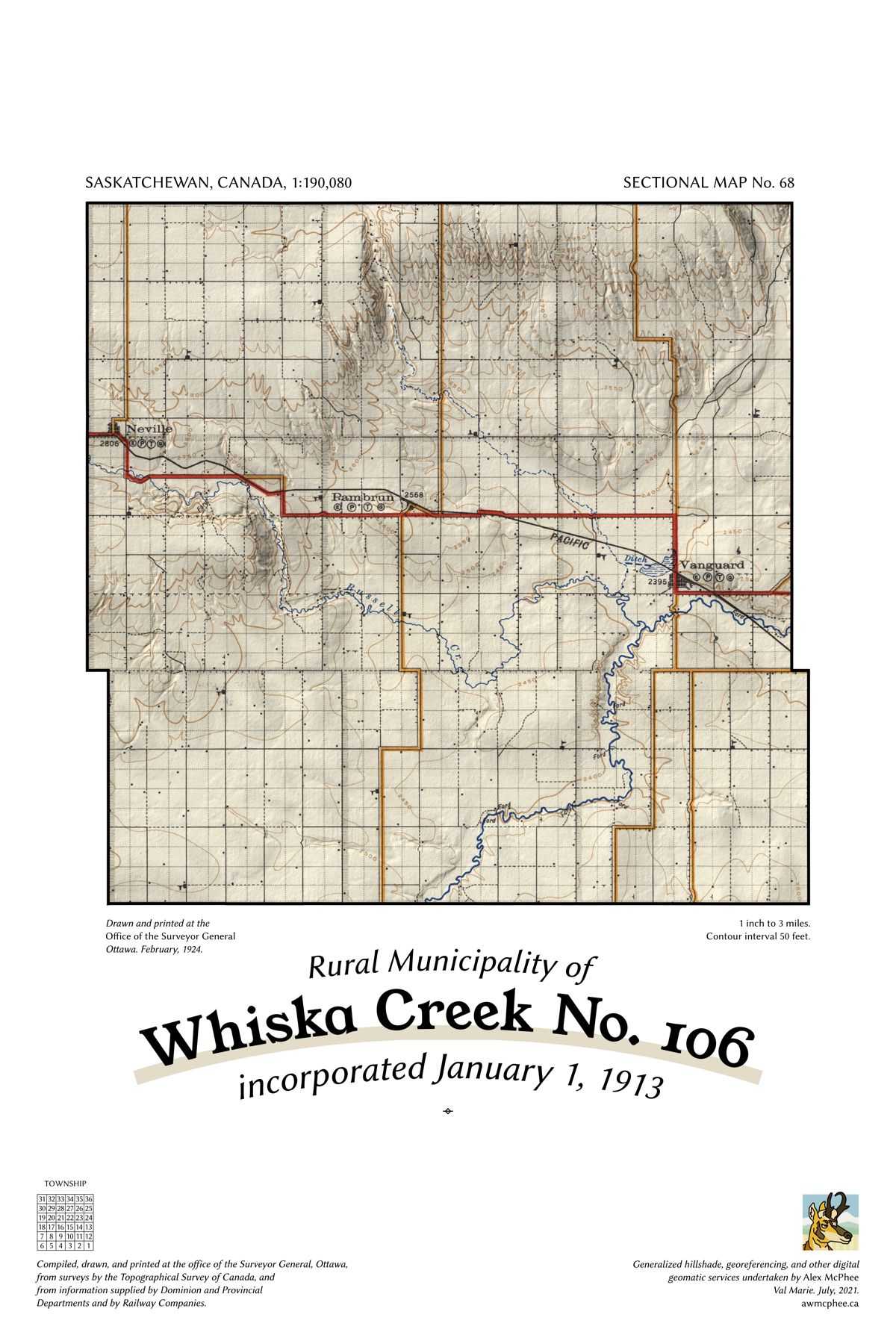 A map of the Rural Municipality of Whiska Creek No. 106.