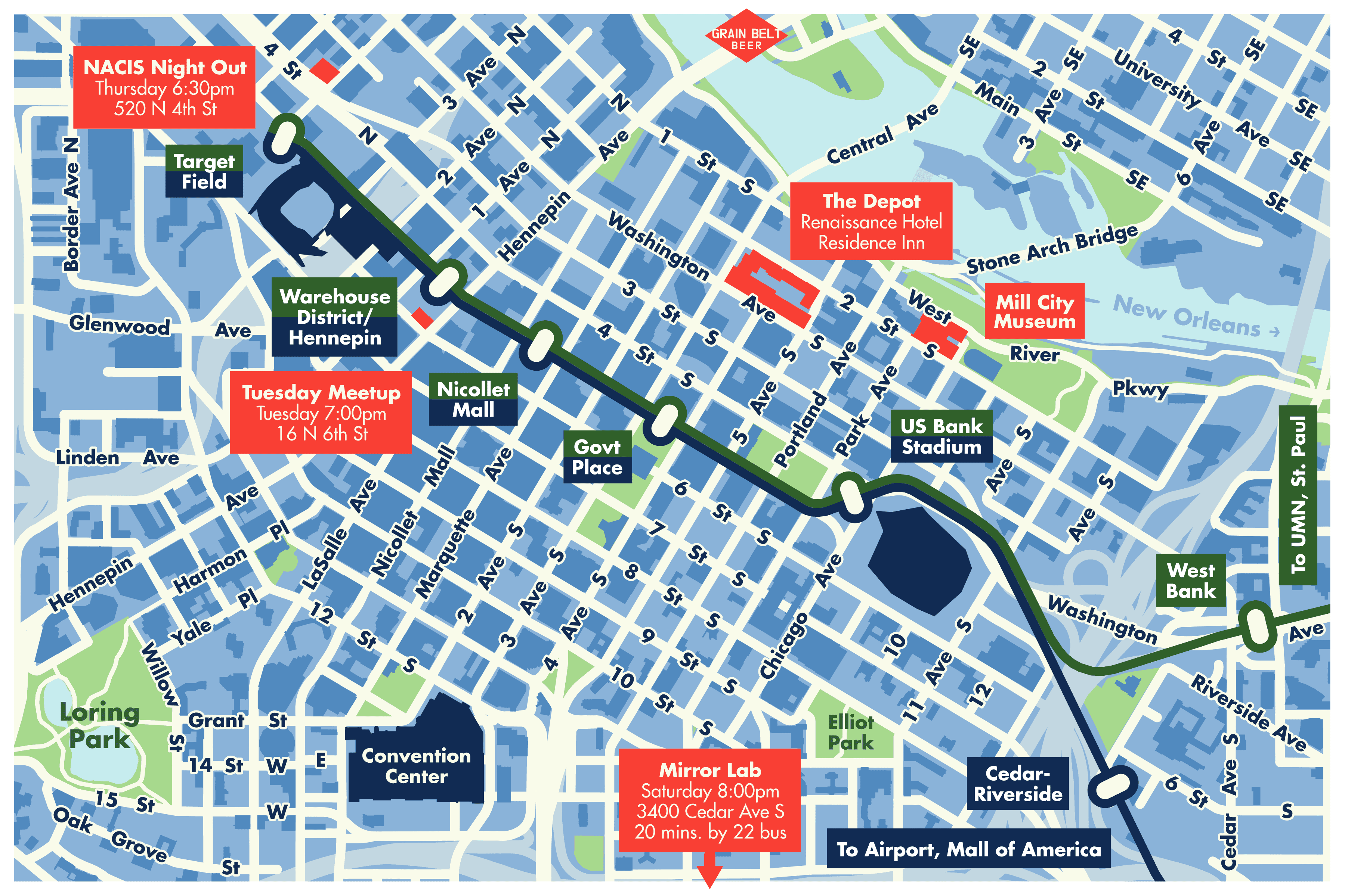 A visitor orientation map of downtown Minneapolis.