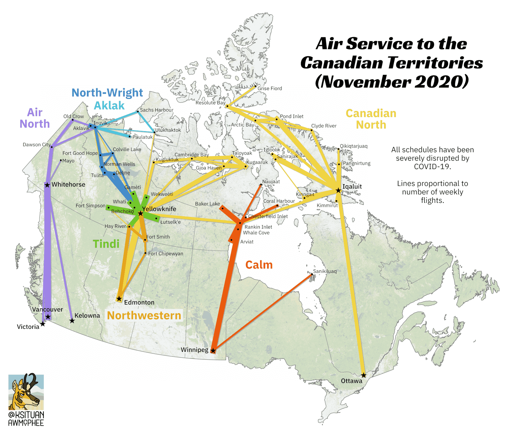A map of air service to the Canadian Territories as of November 2020.