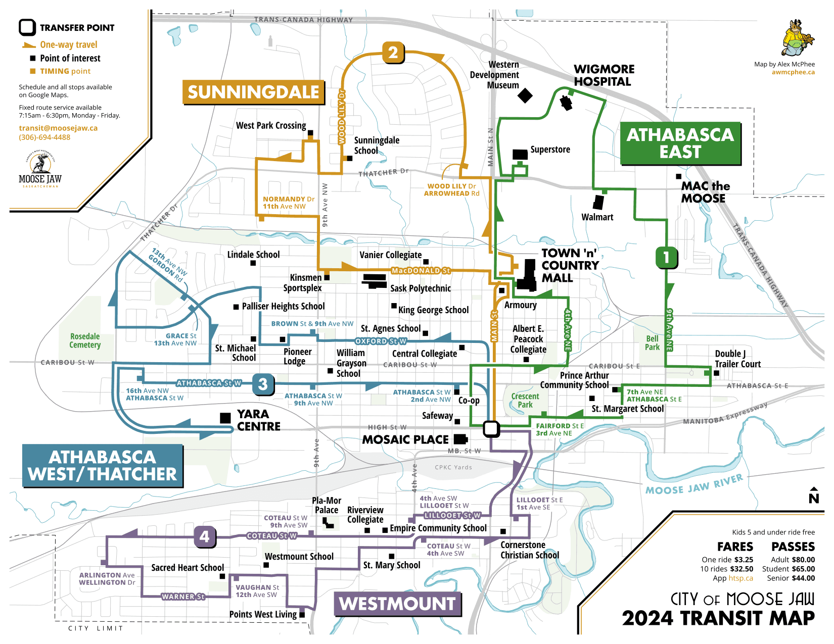 A map of the Moose Jaw bus system.