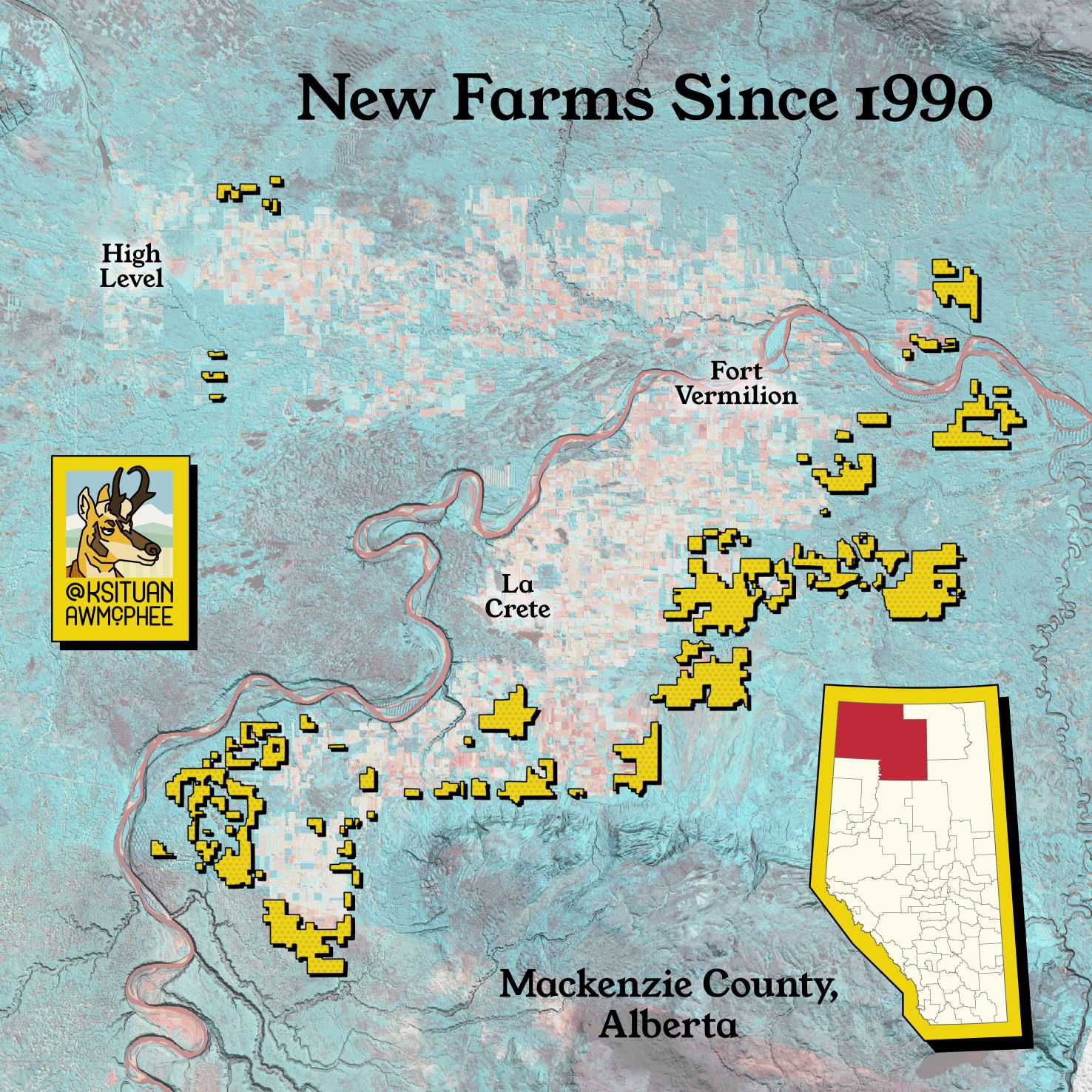 A map of new farms cleared in Mackenzie County since 1990.