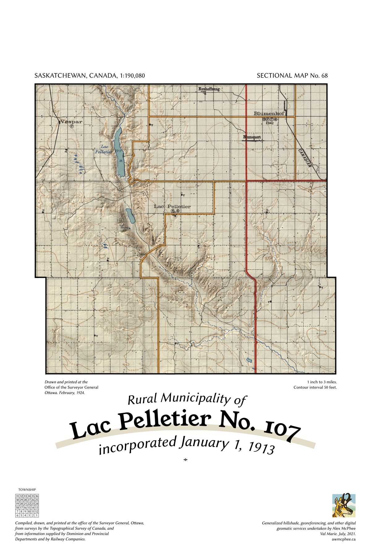 A map of the Rural Municipality of Lac Pelletier No. 107.