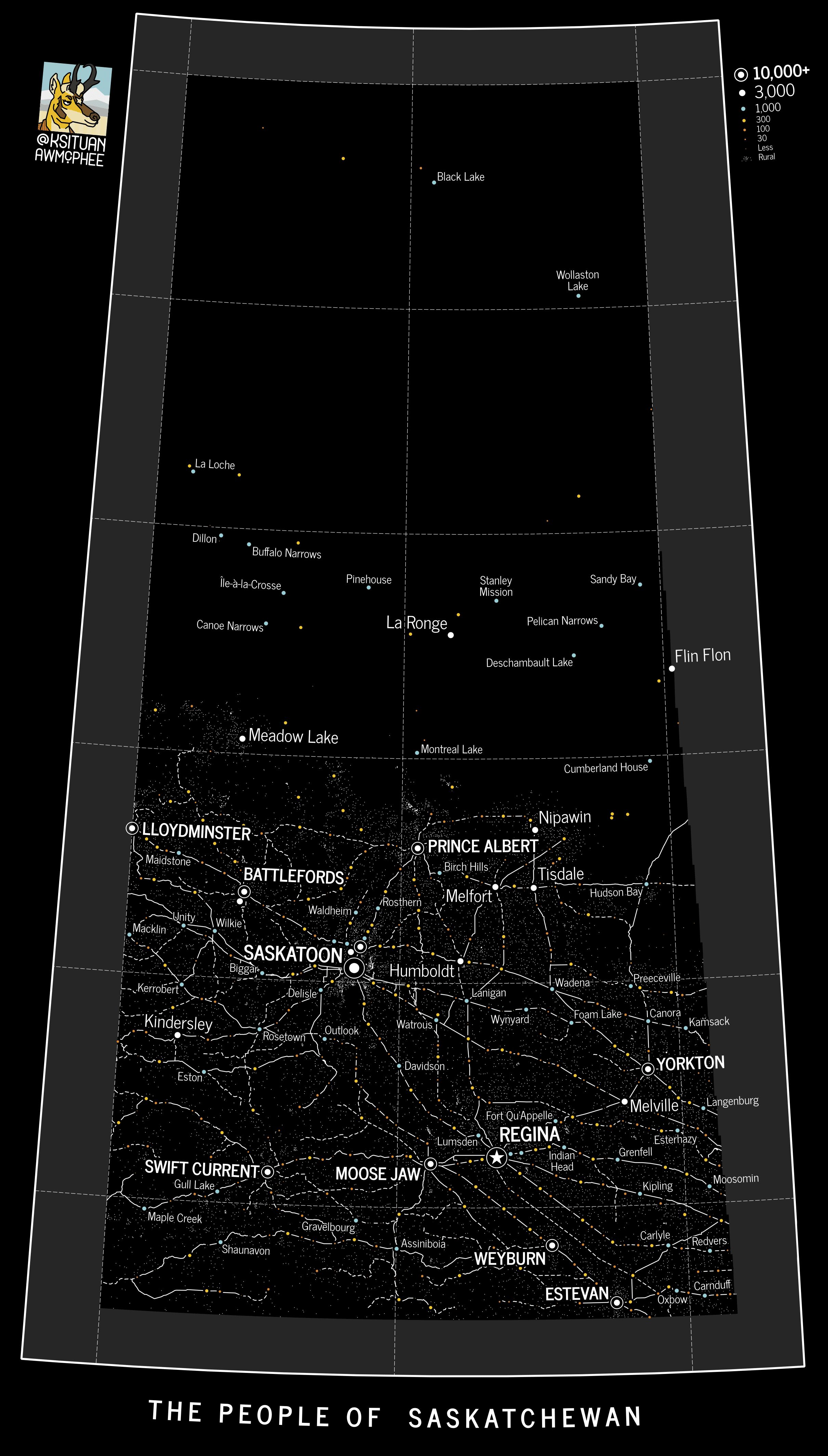 A map of population centres and railways in Saskatchewan.