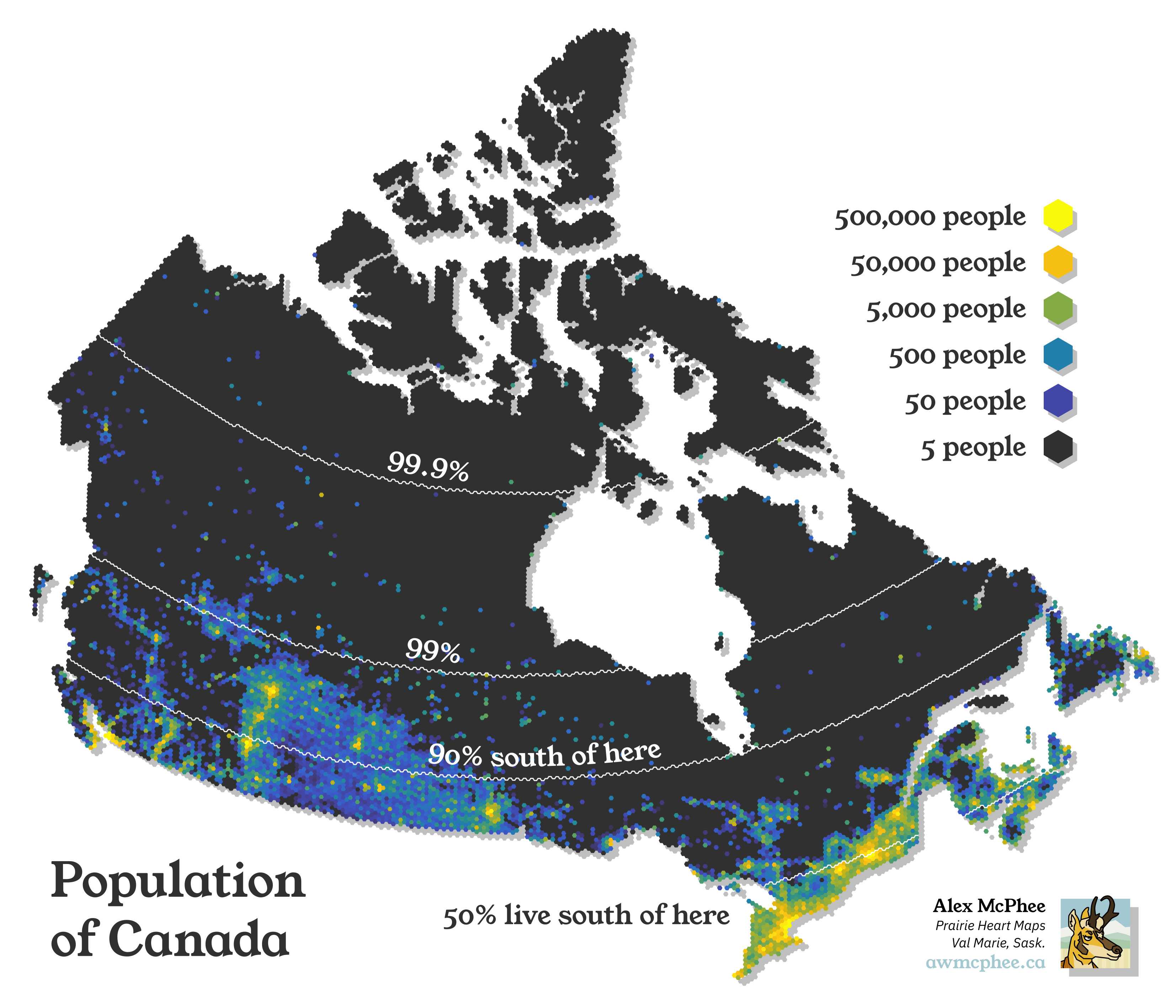 A hexagonally binned map of Canada's population density.