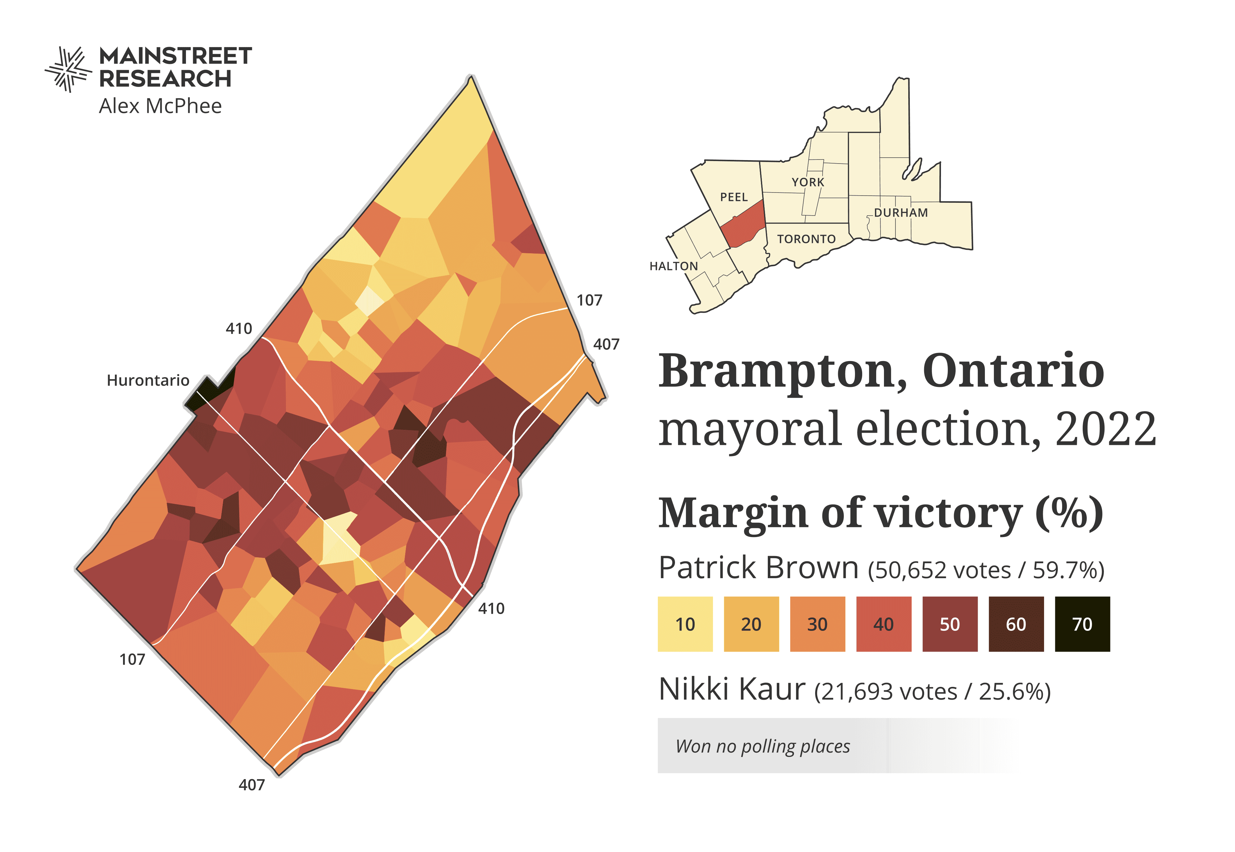 An election map of Brampton, Ontario.