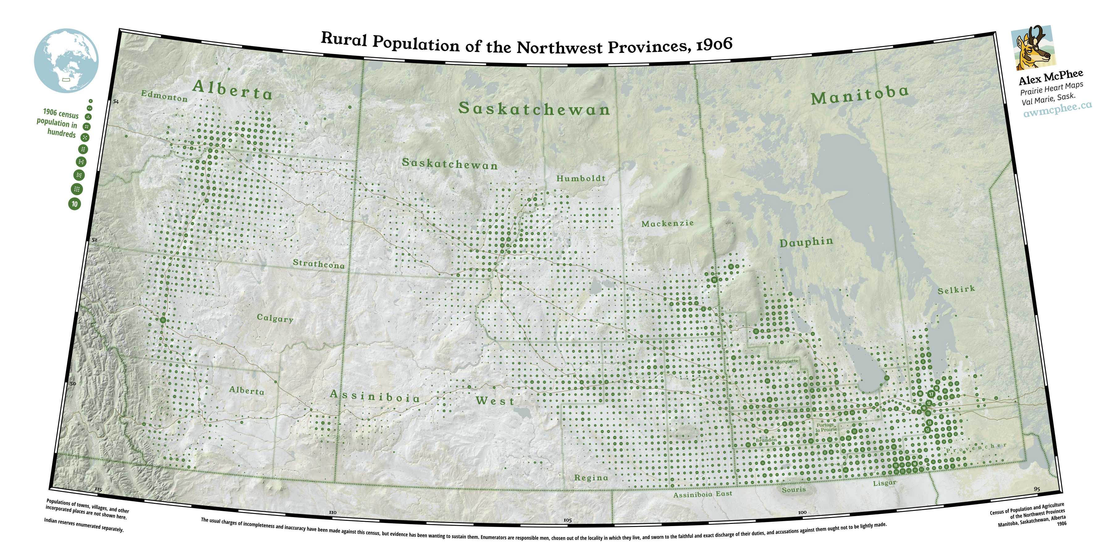 A map of the rural population of Canada's prairie provinces, circa 1906.