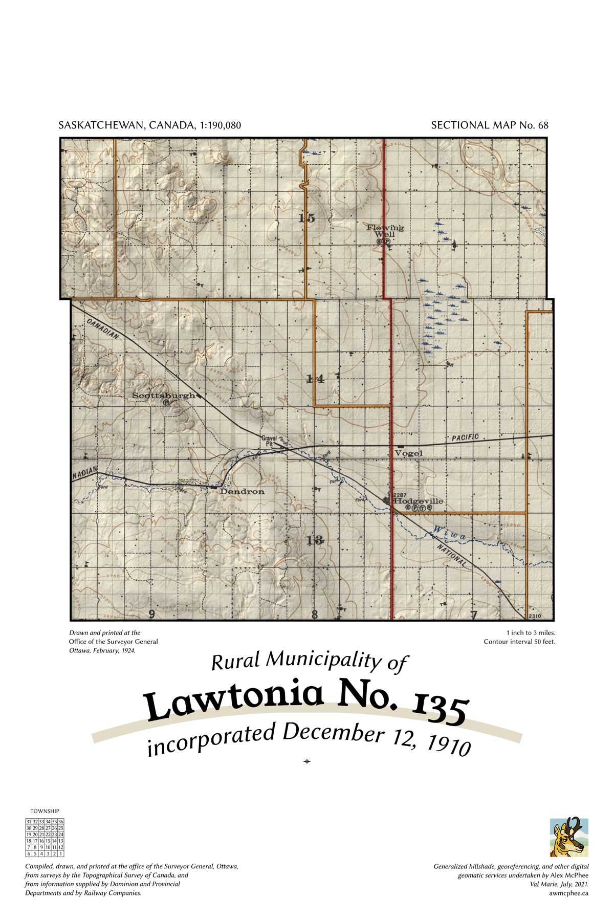 A map of the Rural Municipality of Lawtonia No. 135.